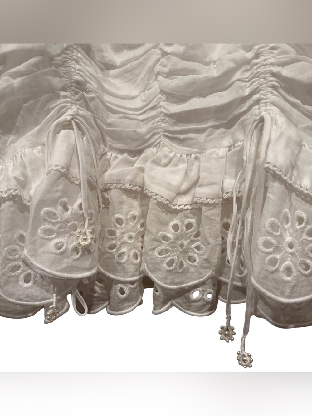 Farm Rio 100% Cotton White Laced Short Sleeve Mini Dress Ruched S Ruffle Eyelet - Picture 10 of 13